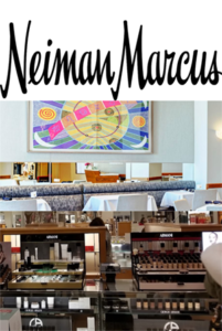 The Neiman Marcus logo with photos of the cafe and cosmetics counter